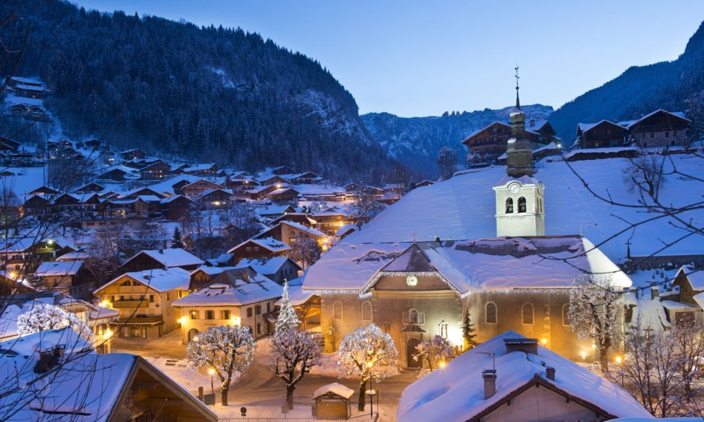 morzine old town and church on a winter evening