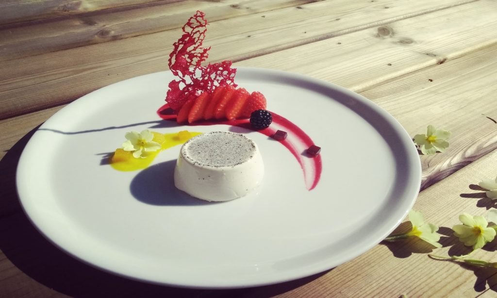 plated dessert panna cotta haute cuisine at mountain utopia catered ski chalet